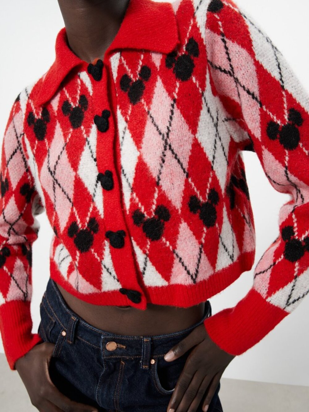 Zara Disney Mickey Mouse Argyle Jacquard Knit Collared Cardigan Medium NWT